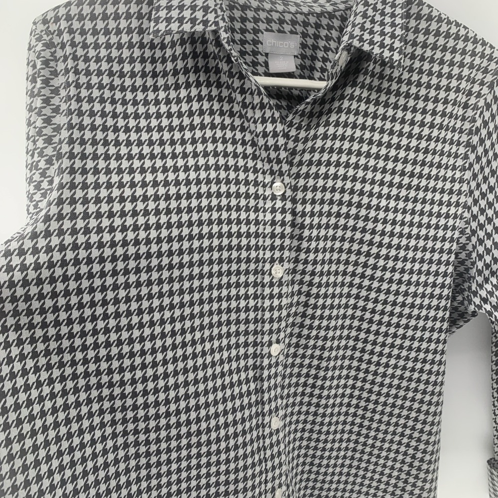 Chico's 2 No-Iron Coolmax All-Seasons Stretch Black Houndstooth Shirt Size 2 - Picture 7 of 9